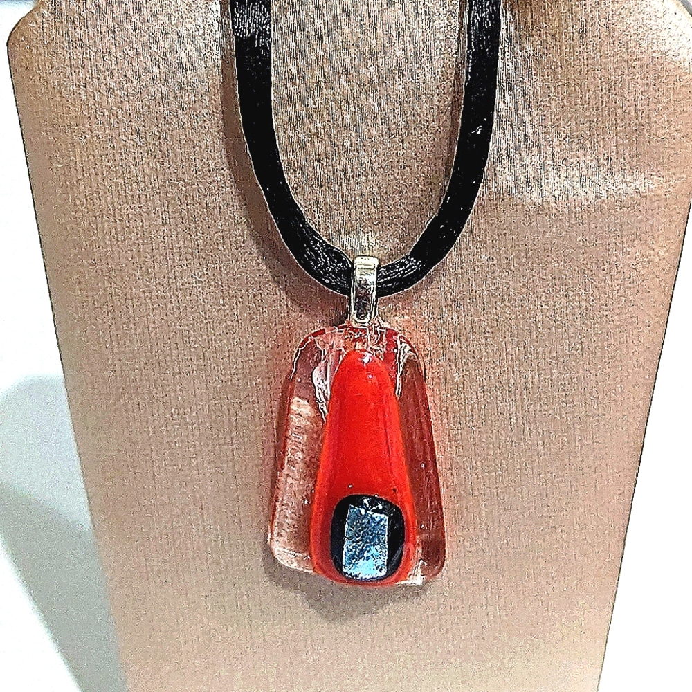 Artisan Handmade glass red drop necklace with dichroic accent.